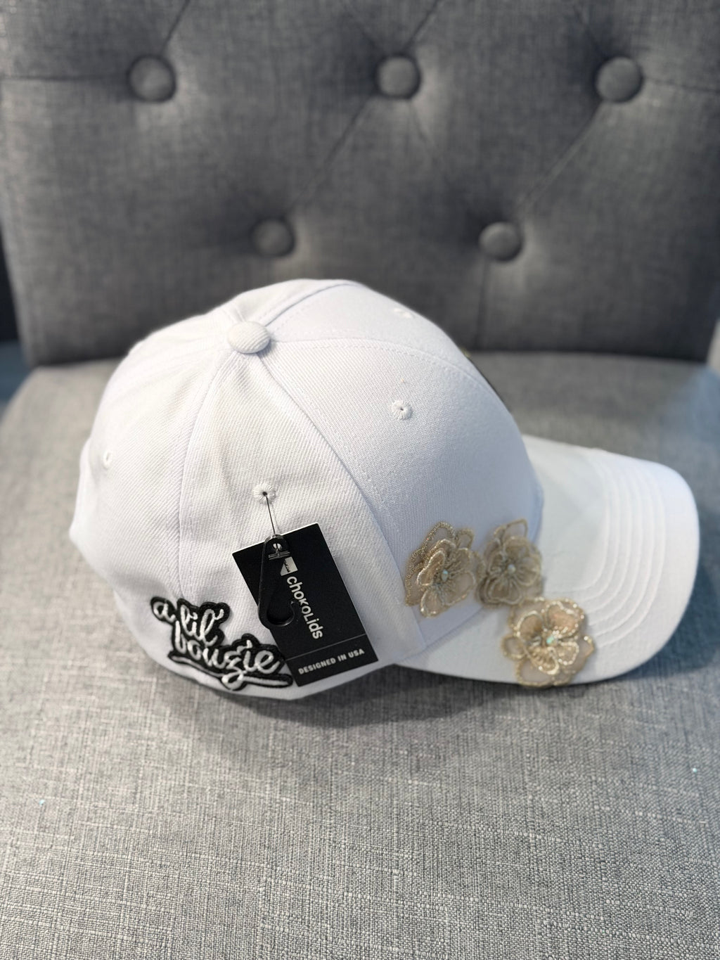 White hat with lace trim